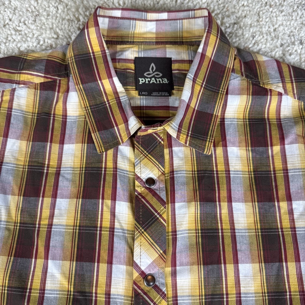Prana Men's Large Western Pearl Snap Plaid Short Sleeve Rodeo Organic Cotton